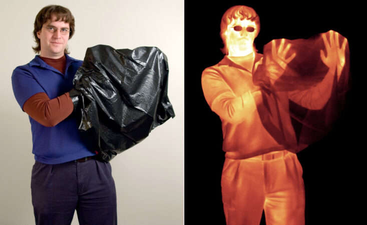 a photo showing a man covering his hands with a black garbage bag, on the left is the photo using visible light, on the right an infrared photo clearly shows his hands under the bag