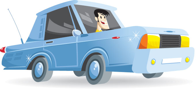 an illustration of a man driving a blue car