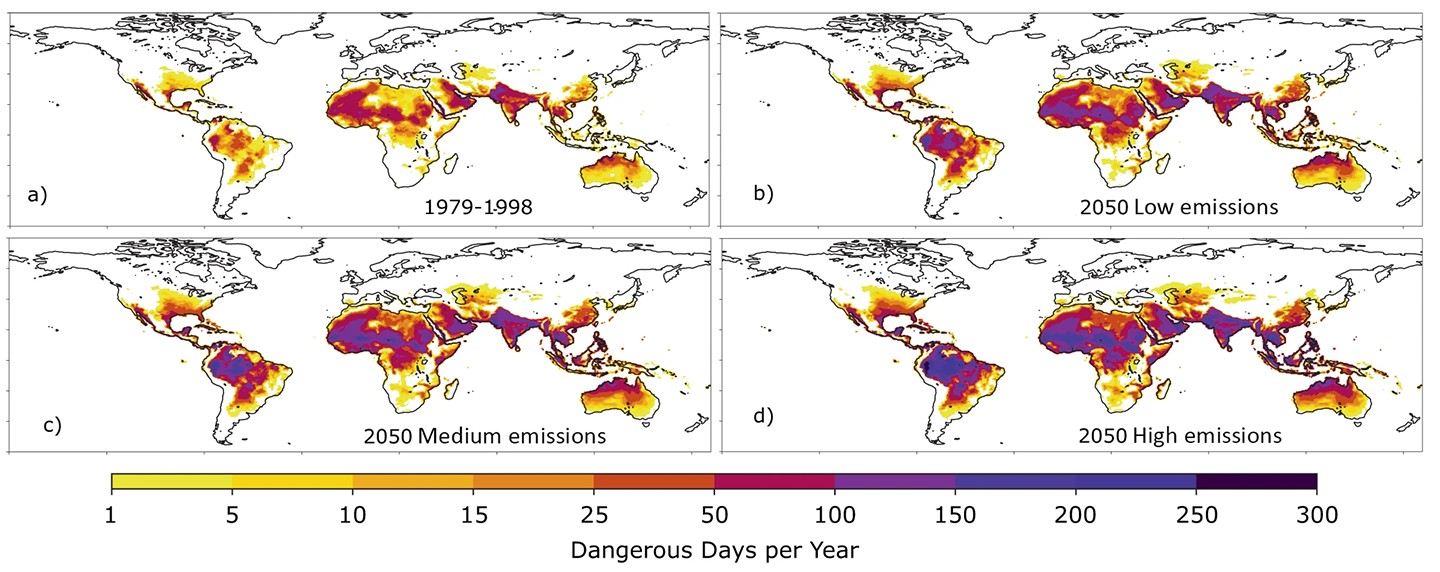 a set of maps showing a predicition of how many dangerous hot days per year could change with low, medium, and high greenhouse gas emissions
